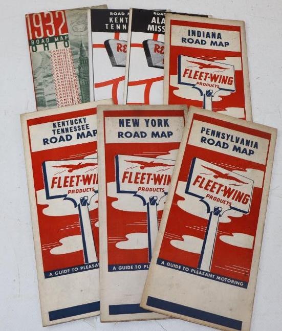Group of 7 Red Head, Fleet-Wing And Canfield Advertising Road Maps: 9" x 4" largest