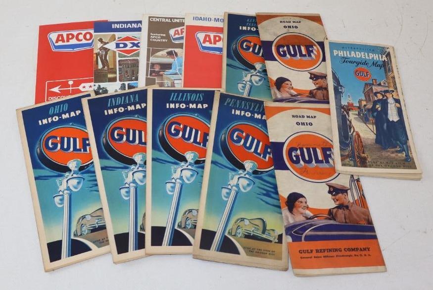 Group of 12 Gulf, APCO And DX Advertising Gas Station Maps: 9" x 4" largest