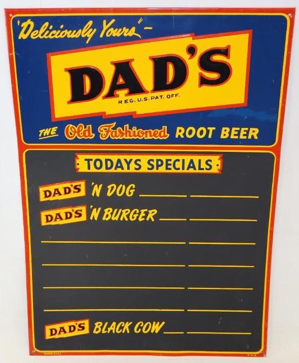 Embossed Tin Dad's Root Beer Chalkboard Sign: It is in overall good condition with only minor wear to the field. There is an area to the right side where the blue is a different color and possibly factory touch up. Marked PM-6. Graded 8.75. 27.5"