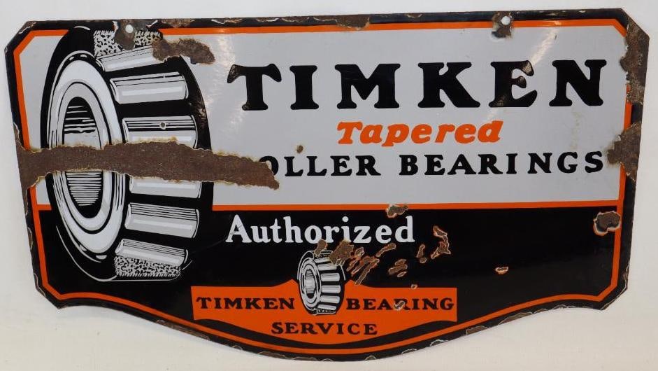 Double Sided Timken Roller Bearings Porcelain Sign: There is some large chipping to the field as well as perimeter wear, however it has good color and gloss. Graded 6 on each side. 18" x 30"