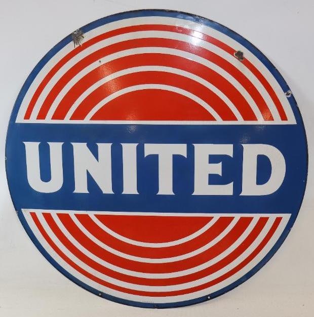 United Gas and Oil Double Sided Porcelain Sign: This is a difficult to find sign in any condition. It shows some staining to the white areas and a few chips to the outer field. Marked Ing-Rich. Graded 8.5 and 8.5. 42" diameter