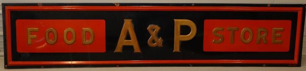 Atlantic and Pacific "A & P" Food Store Horizontal Porcelain Sign: This sign is marked Texlite Dallas. It has a raised red porcelain frame and the letters are separate pieces made of metal. The porcelain is in good condition with only some minor chips towards the edg