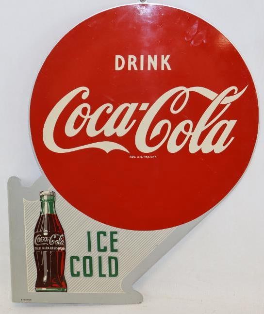 Drink Coca-Cola Ice Cold Bottle Flange Sign: Both sides are in very nice condition with only minor surface wear. Marked AM 10-56. Graded 9. 22" x 18"