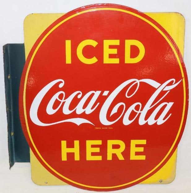 Iced Coca-Cola Here Double Sided Porcelain Flange Sign (1 of 10)
