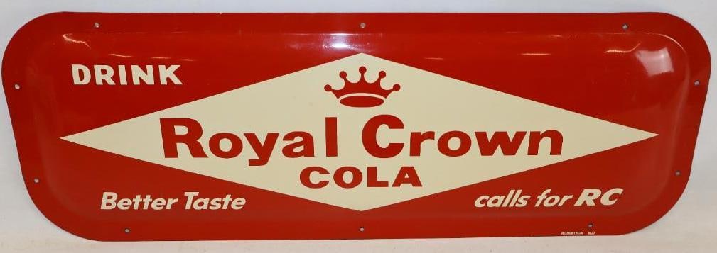 Drink Royal Crown RC Cola Embossed Metal Advertising Sign: It is marked Robertson 617. It has great color and gloss throughout and only some minor wear to the field. The measurements are 10" x 27.5" and it is graded a 9.