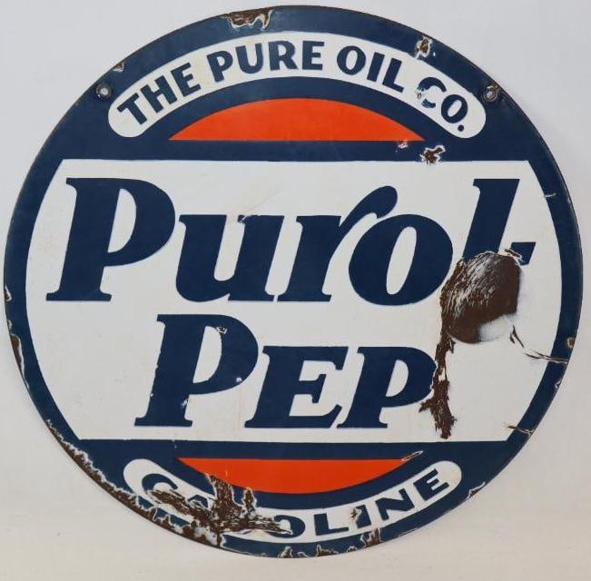 Double Sided Pure Purol Pep Porcelain Gasoline Sign (1 of 12)