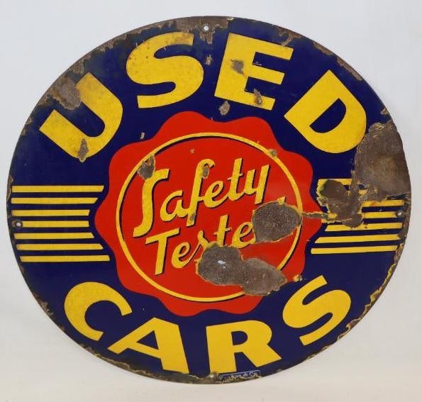 Oldsmobile Safety Tested Used Cars Single Sided Porcelain Dealership Sign (1 of 8)