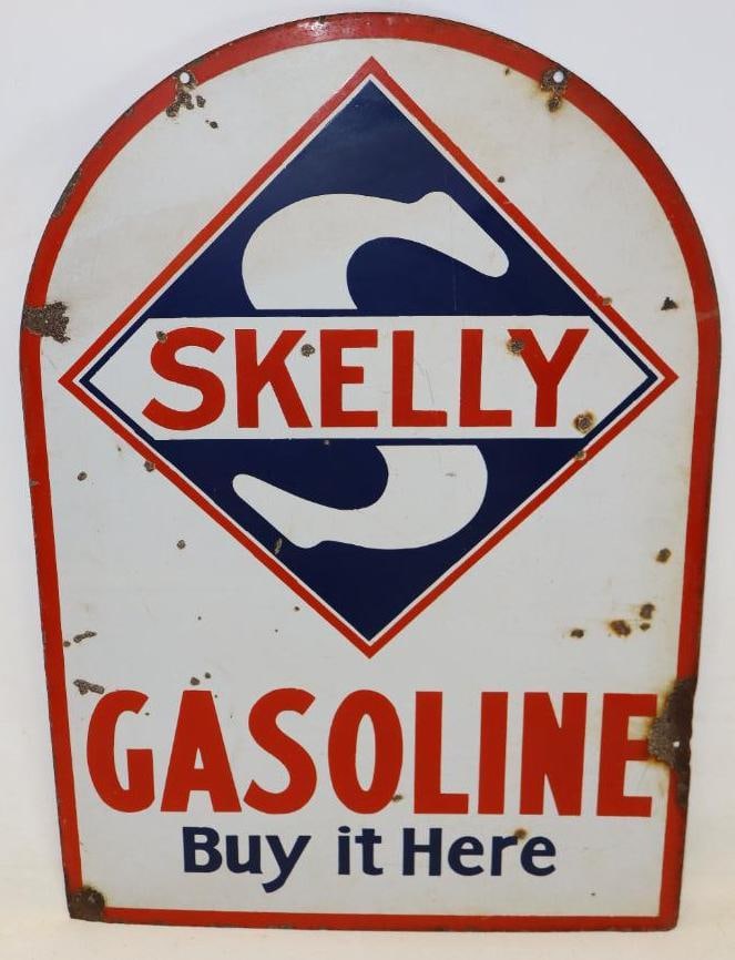 Skelly Tagolene Gasoline Double Sided Porcelain Tombstone Sign: The white has lower gloss and shows several small chips throughout the field. Graded 7.75 and 7.75. 40" x 28"