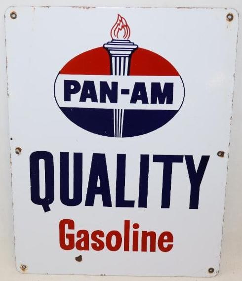 Pan-Am Quality Gasoline Porcelain Pump Plate Sign: It has very good color and gloss throughout. It has one small chip in the lower field. There is some light wear to the mounting holes and outer edges. It is 17" x 13" and graded 8.5.