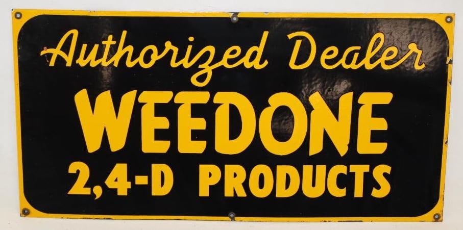 Weedone Authorized Dealer of 2, 4-D Products Single Sided Porcelain Sign: It has good color and gloss throughout and only some slight chipping around the perimeter. Graded 9. 12" x 24"