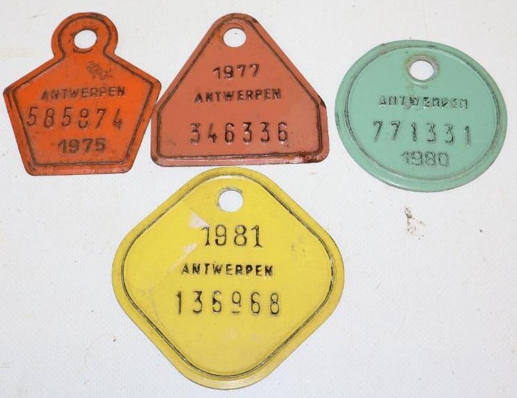 Group of 4 1970's and 1980's Antwerpen Bicycle Licenses: largest is 3.50" x 3.50"