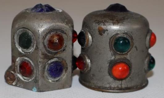 Group of 2 1920's Jeweled Automobile Dash Lights: largest is 1.50" x 1.25" x 1.25" smallest has chipped jewel on top