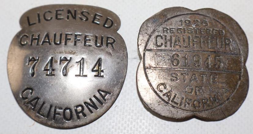 Group of 2 1920's and 1930's California Licensed Chauffeur Pin Back Badges: largest is 1.75" x 2"
