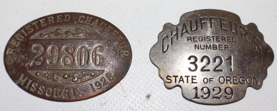 Group of 2 1928 Missouri 1929 Oregon Licenses Chauffeur Pin Back Badges: largest is 2" x 1.50" both missing pin back