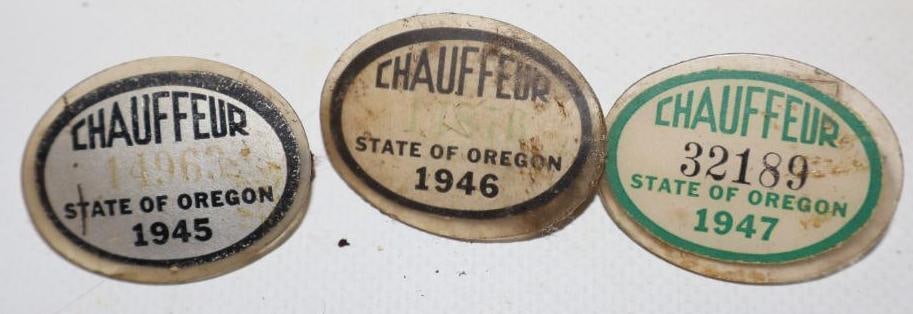 Group of 3 1940's Oregon Chauffeur Pin Back Badges: 1.50" x 1" each