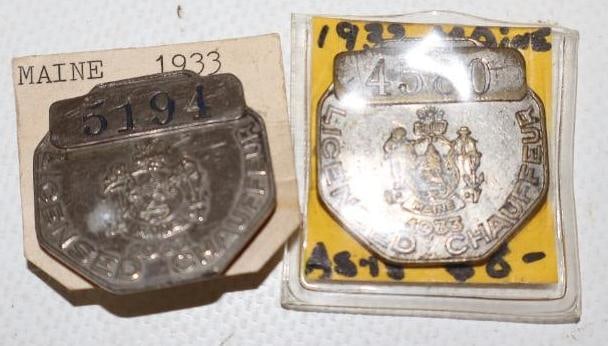 Group of 2 1933 Maine Licensed Chauffeur Pin Back Badges: 1" x 1" each