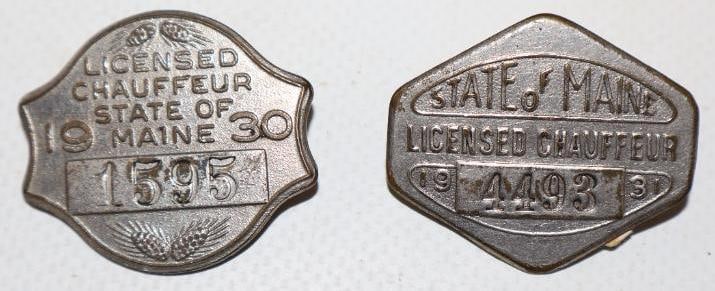 Group of 2 1930 and 1931 Maine Licensed Chauffeur Pin Back Badges: 1.25" x 1" each