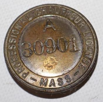 1903 to 1910 Massachusetts Licensed Professional Chauffeur Pin Back Badges: 1.75" diameter