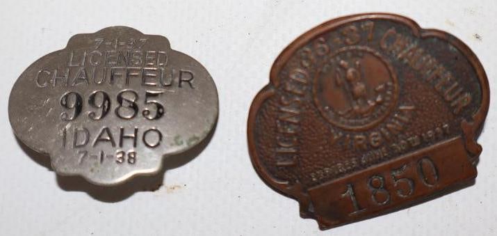 Group of 2 1937 Virginia And Idaho Licensed Chauffeur Pin Back Badges: largest is 1.50" x 1.25"
