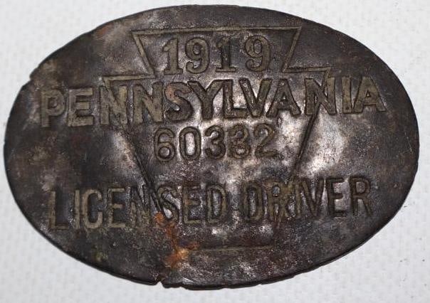 1919 Pennsylvania Licensed Driver Pin Back Badges: 2.50" x 1.75" missing Pin back