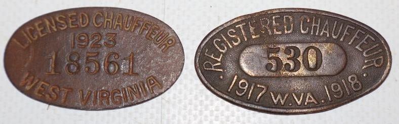 Group of 2 1917 and 1923 West Virginia Licenses Chauffeur Pin Back Badges: 1.75" x 1" both are missing Pin Backs