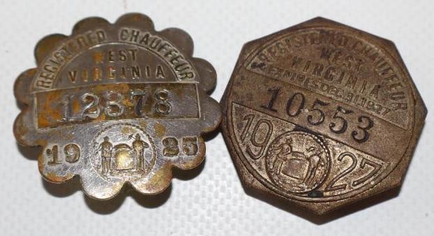 Group of 2 1925 and 1927 West Virginia Registered Chauffeur Hat Badges: 1.50" diameter each