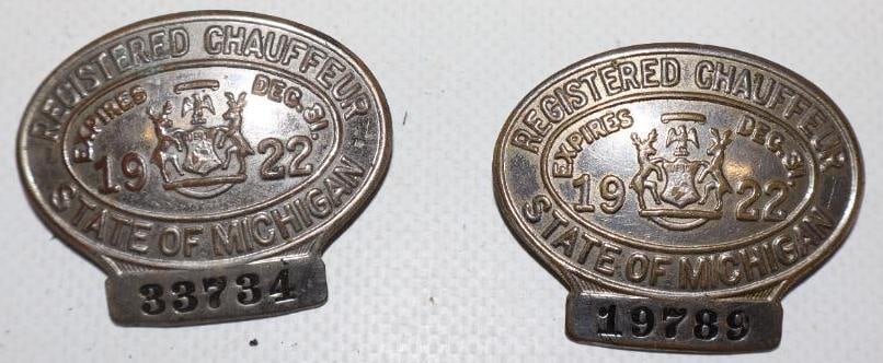 Group of 2 1922 Michigan Registered Chauffeur Pin Back Badges: 1.75" x 1.50" each