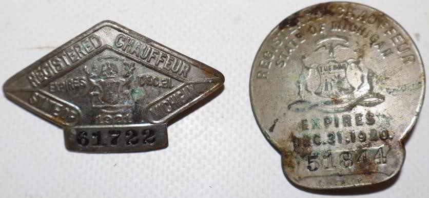 Group of 2 1920 and 1921 Michigan Registered Chauffeur Pin Back Badges: largest is 2" x 1"