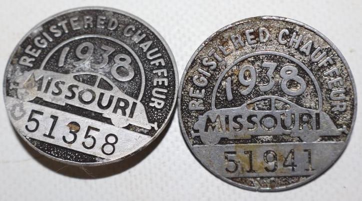 Group of 2 1938 Missouri Registered Chauffeur Pin Back Badges: 1.50" each