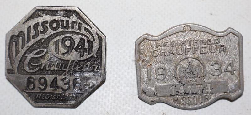 Group of 2 1934 and 1941 Missouri Registered Chauffeur Pin Back Badges: largest is 1.50" x 1.50"
