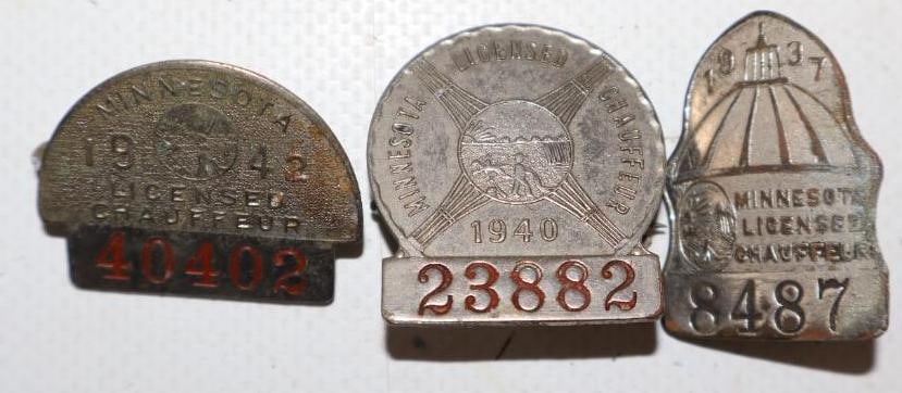 Group of 3 1930's and 1940's Minnesota Licensed Chauffeur Pin Back Badges: largest is 1.25" x 1.25"