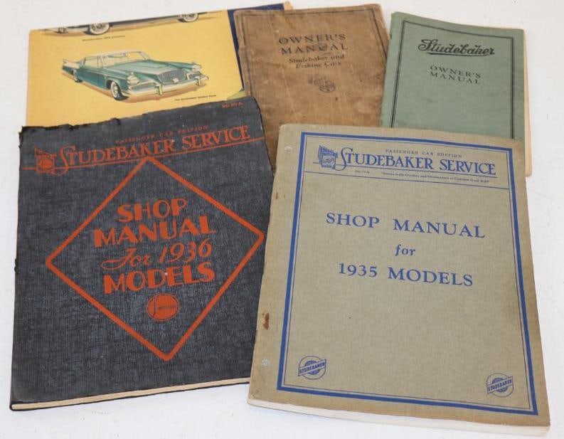 Group of 5 1920 's-1950's-Studebaker Owners Manual, Shop Manual And Dealership Advertisement: largest is 11" x 8.50"