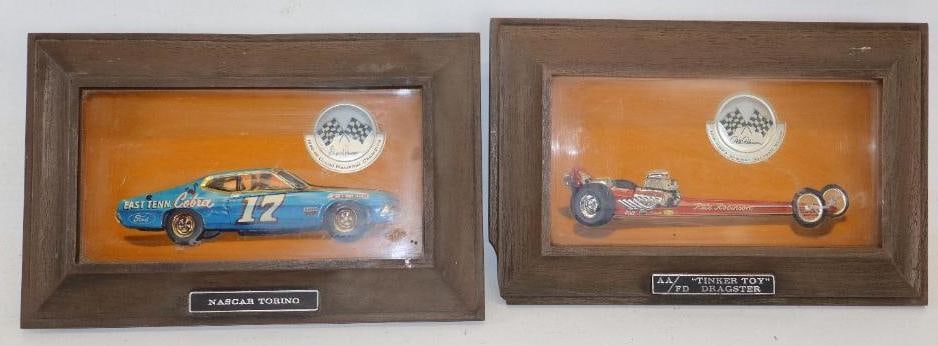 Group of 2 Pete Robinson Framed Race Car Signs: 13" x 8" x 2.50" each dragster has broken frame
