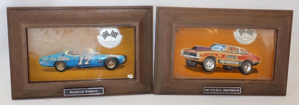 Group of 2 Pete Robinson Framed Race Car Signs: 13" x 8" x 2.50" each