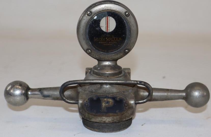 Boyce Moto Meter Midget Model Mounted On Dog Bone Radiator Cap "P": 7.25" x 4.75" x 2.25"