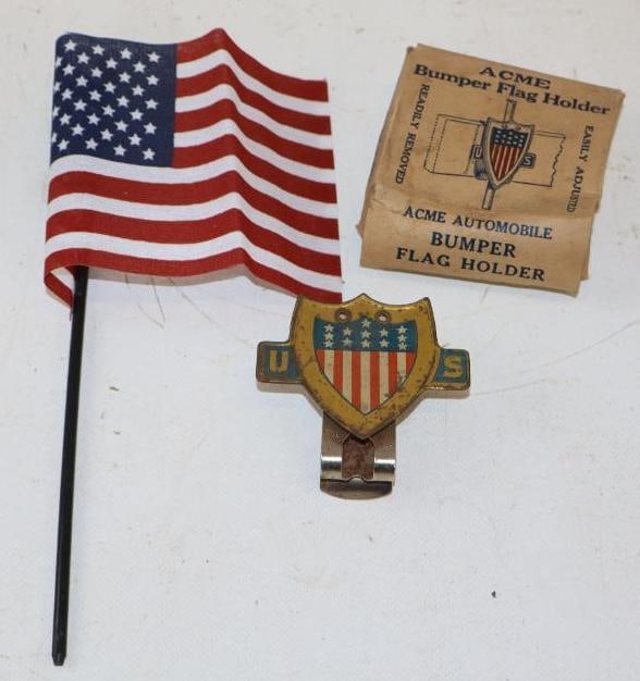 Group of 2 Acme Bumper Flag Holder In Original Box And Flag: Flag is 10" long