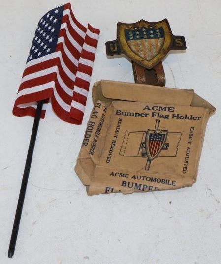 Group of 2 Acme Bumper Flag Holder In Original Box And Flag: Flag is 10" long