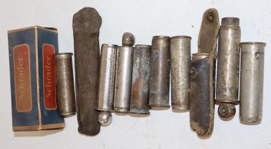 Group of 11 Schrader Balloon Tire Pressure Gauges And Box: largest is 4.50" long