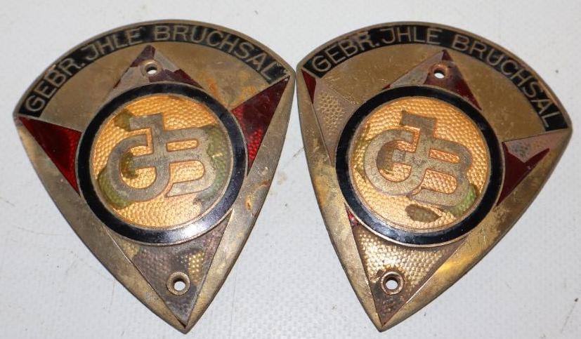 Group of 2 Cloisonne Gebr.Jhle Bruchsal Radiator Emblem Badges: 2.75" x 3" each
