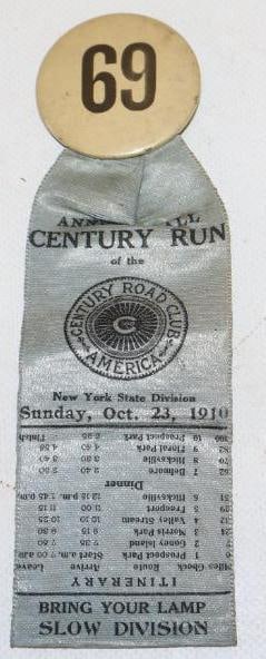 1910 Annual Fall Century Run Pin Back Badge: 6.75" x 2"