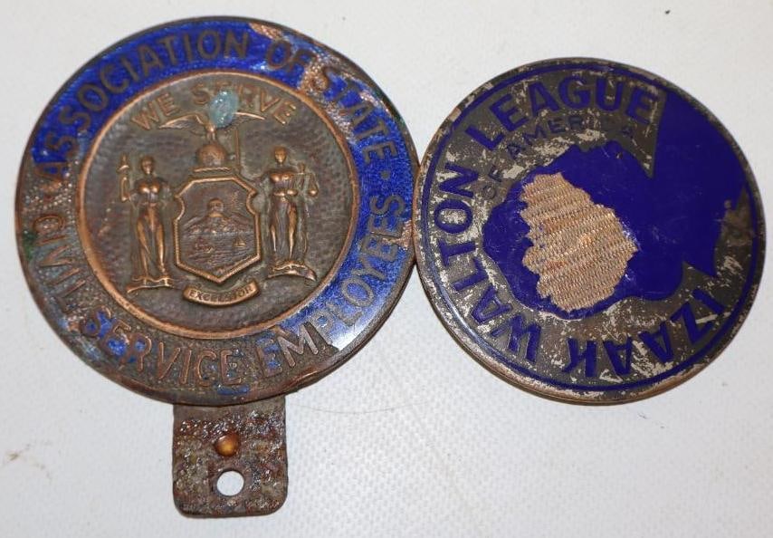 Group of 2 Civil Servicer Employees Cloisonne License Plate Topper And Izaak Walton League Of: largest 3.50" X 4.25"