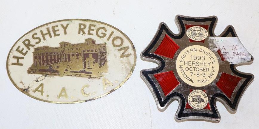 Group of 2 Brass And Cloisonne Hersey Region AACA Radiator Badges: largest is 4.50" x 3"