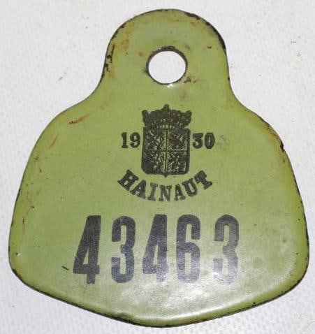 1930 Belgium Porcelain Bicycle License Tag: 3" x 3.25"