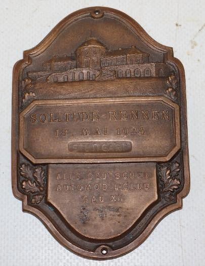 Brass 1924 Solitude Race German Auto Club Radiator Badge Medallion: 2.75" x 4"