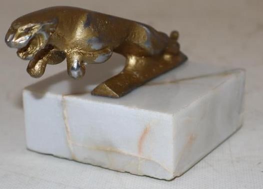 Gold Painted 1970's Jaguar XJ Hood Ornament Mounted on Gold and White Marble Base (1 of 3)