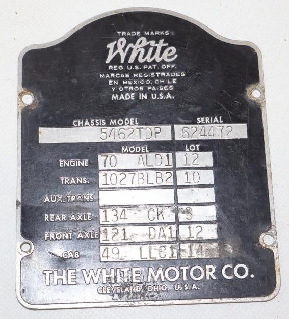 White Motor Car Co Serial Data Plate (1 of 2)