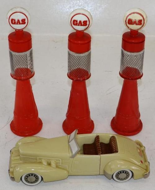 Group of 4 1937 Cord And Avon Cologne Gas Pumps: Cord is 8.50" x 3" x 2.25" gas pumps are 2.25" x 2.25" x 9.25 each