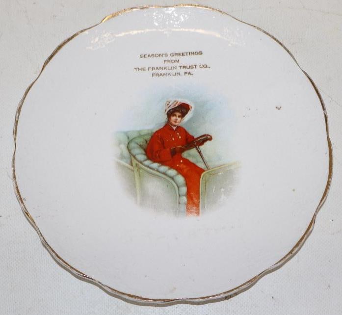 Season Greetings From Franklin Trust Co Advertising Plate w/ Early Female Driver Scene: 8" diameter