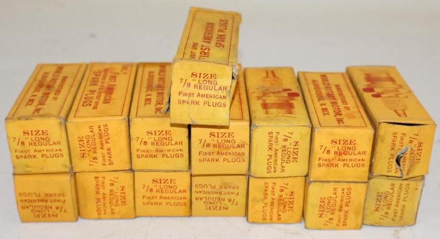 Group of 15 First American Spark Plugs in Original Boxes: 3.50" x 1.25" x 1.25" each