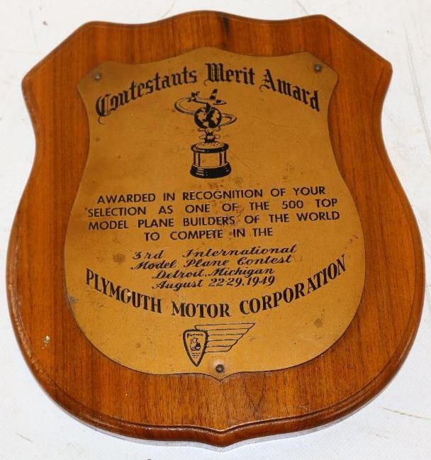 1949 Plymouth Motor Car Model Airplane Merit Award: 7.75" x 9" x .75"